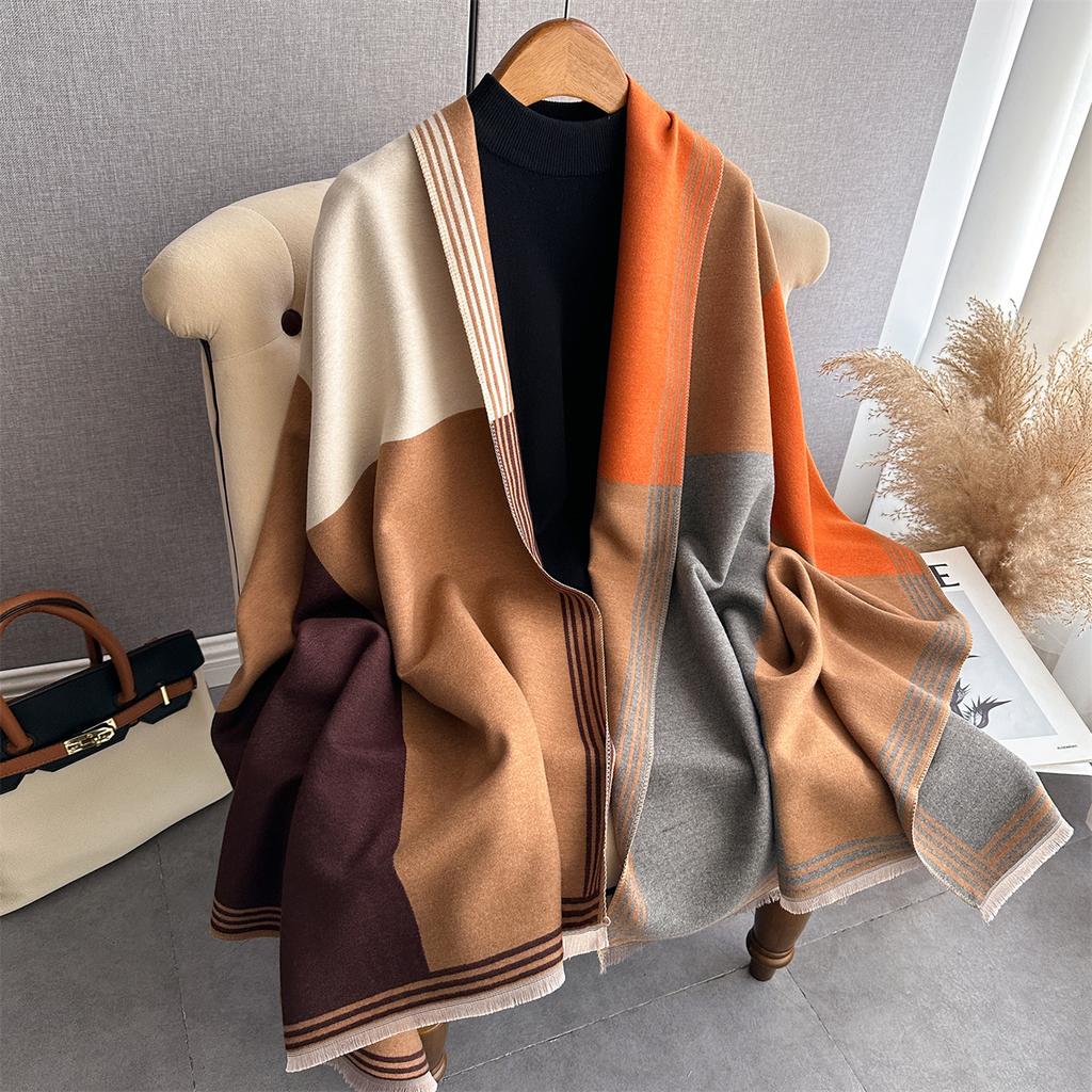 Imitation Cashmere Length Scarf Winter Women'S Geometric Splicing Warps Autumn And Winter Fashion Warm Versatile Long Shawl
