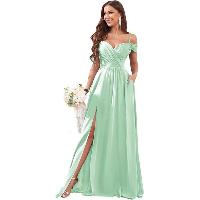1011 new evening dress European and American bridesmaid dress suspender long dress solid color banquet evening dress