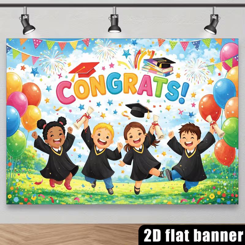 2D Congrats Graduation Backdrop Kids Cap Diploma Background Cloth