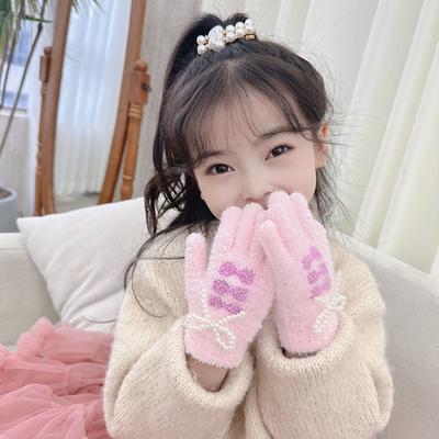 New Children's Warm Gloves Pearl Bow Children's Finger Gloves Student Writing Fingerless Five Finger Gloves