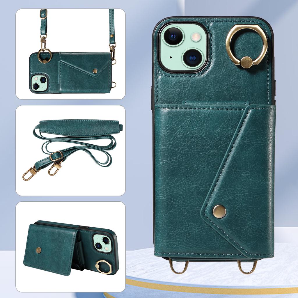 For iPhone 15 Series.for iPhone 15,15 Plus,15 Pro,15 Pro Max Shoulder Strap Rope Ring Bracket Design Card Holder Slots Lichee Pattern Cover Phone Case