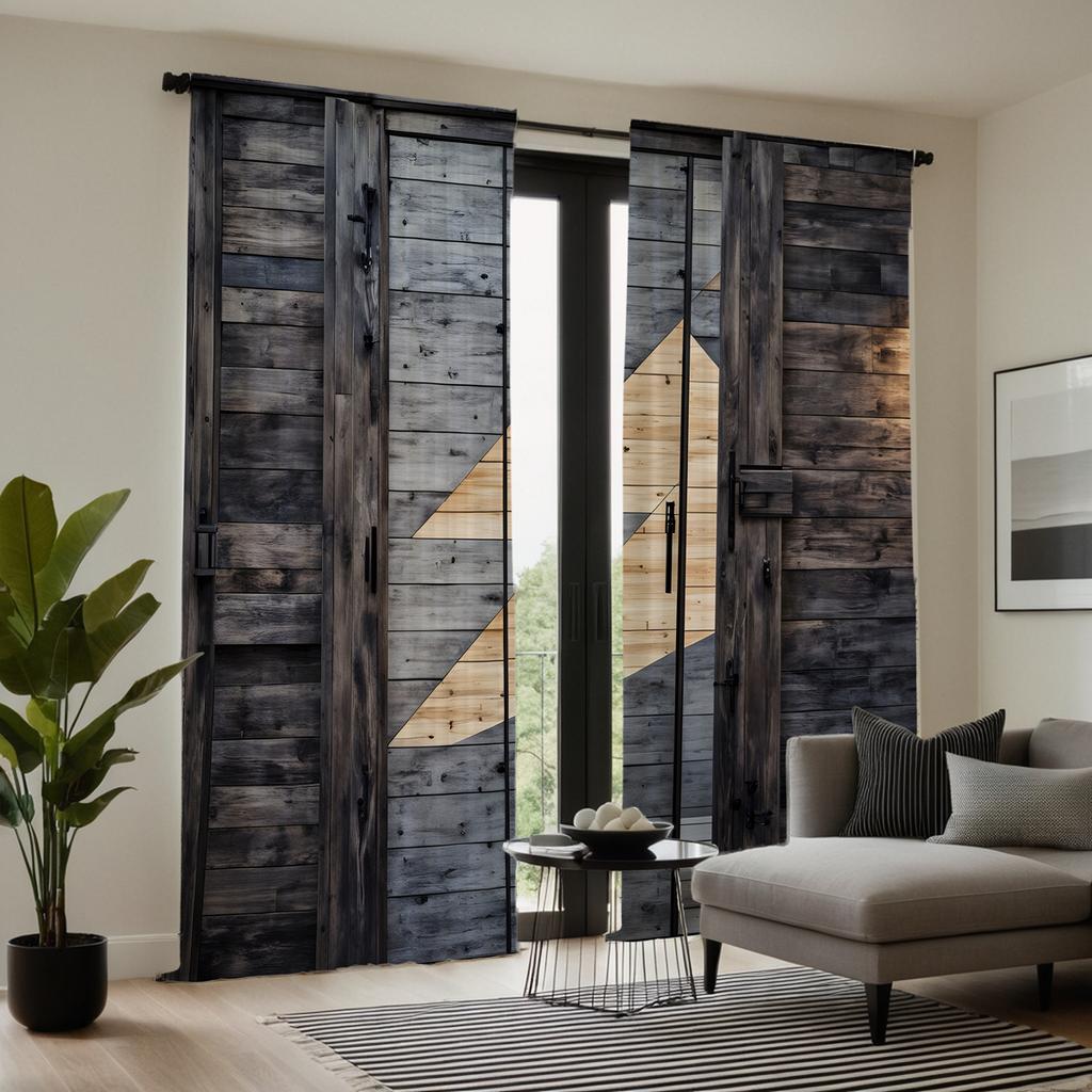 2pcs HD Vintage Wood Door Texture Decorative Curtain Black Tie Digital Printed Curtain Home Decor Style Decorated Living Room