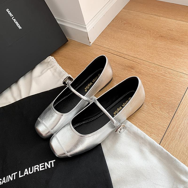 Cowhide Version, Round Head, Light Mouth Silver Small Leather Shoes, Flat Bottom Inner Height Increase Soft Sole Mary Jane Single Shoes Women's Sp