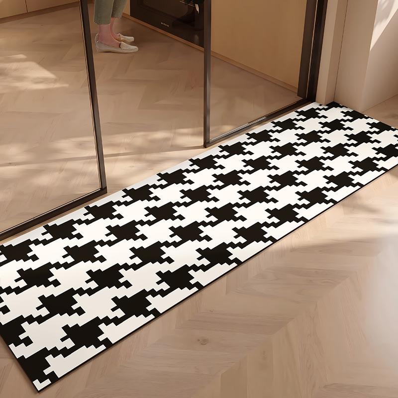 PVC Kitchen Floor Mat Waterproof Leather Foot Mats Non-slip Oil Proof Carpet Long Rug Black Flower Stripe Home Decoration Rugs