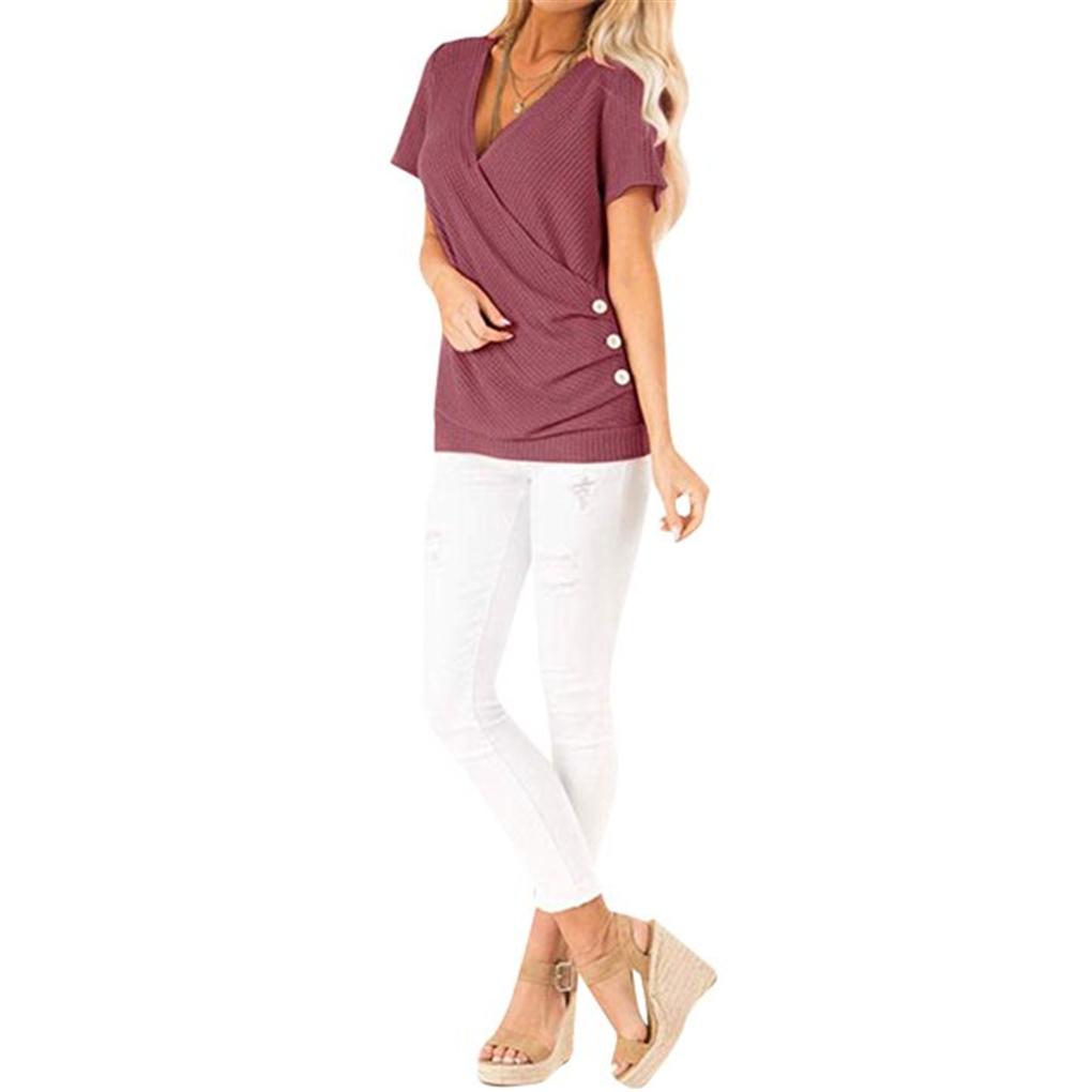 Women Buttons Dide Decor Wrapped V Neck Short Sleeve Shirt