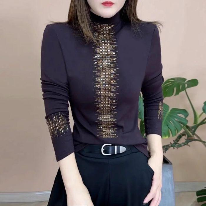2024 Women's Black Mesh Lace Velvet Top for Autumn/Winter: Trendy Innerwear for Moms