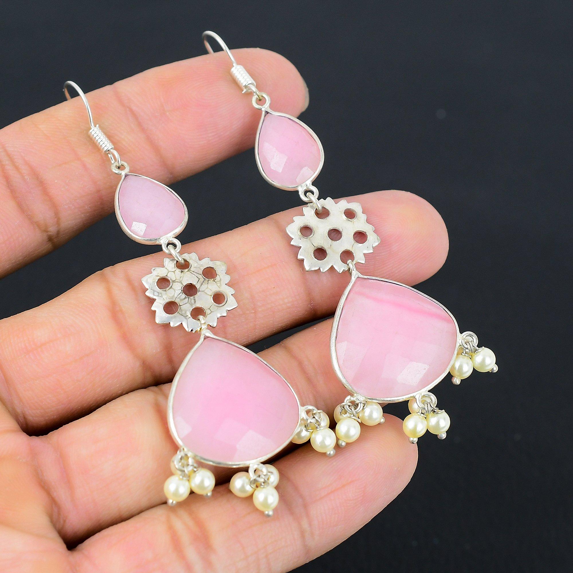 

925 Silver Pear Pink Chalcedony Gemstone New Dangle Drop Trendy Earrings Jewelry