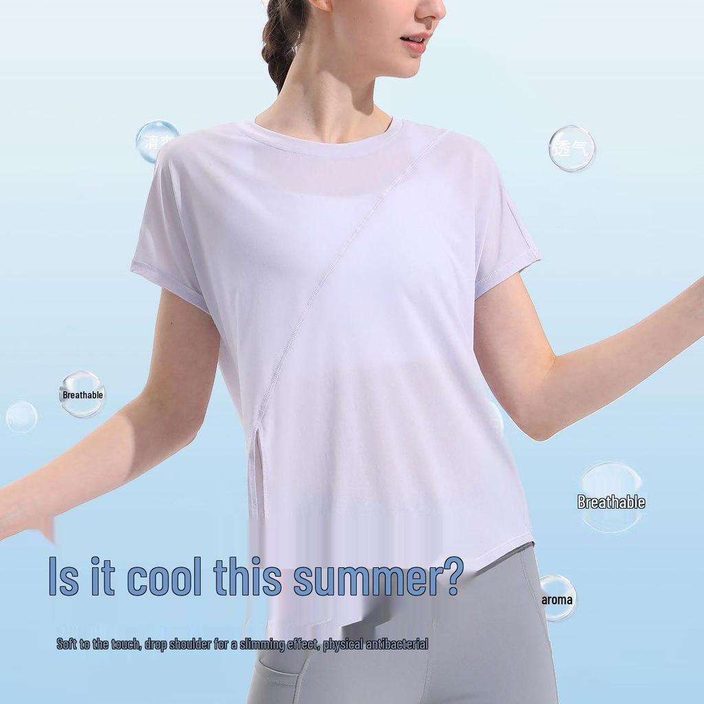 Women's Quick-Dry Short-Sleeve Yoga Top with Side Slit & Tie-Up