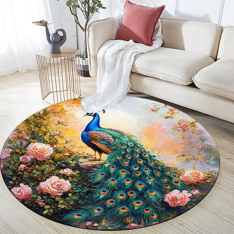 Peacock Garden Round Area Rug,Carpet Rug for Living Room Bedroom Sofa Playroom Decor,Non-slip Floor Mat