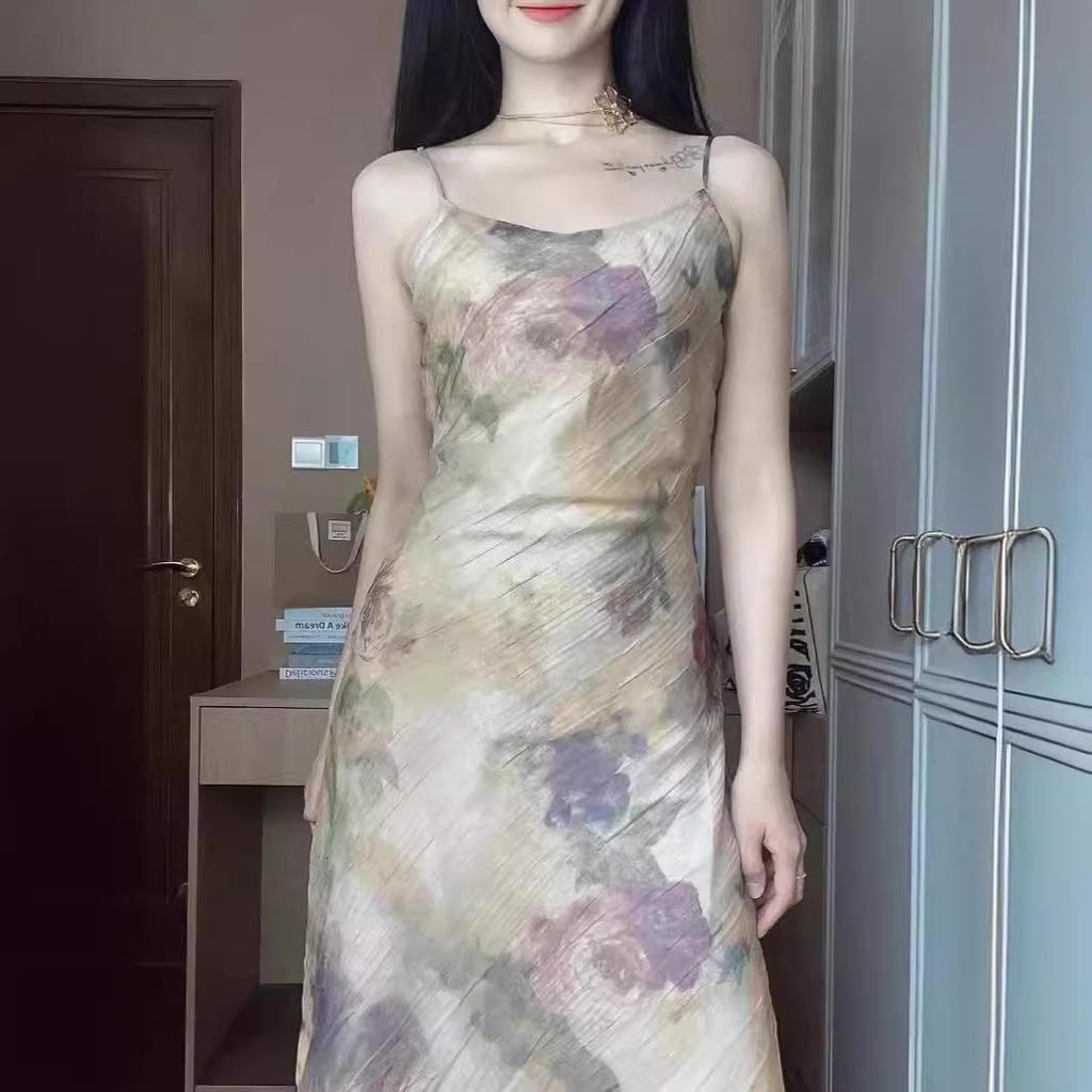 Neuankömmlinge: Damen Helles Klassisches Ölmalerei Stil Plissiertes Slim Kleid