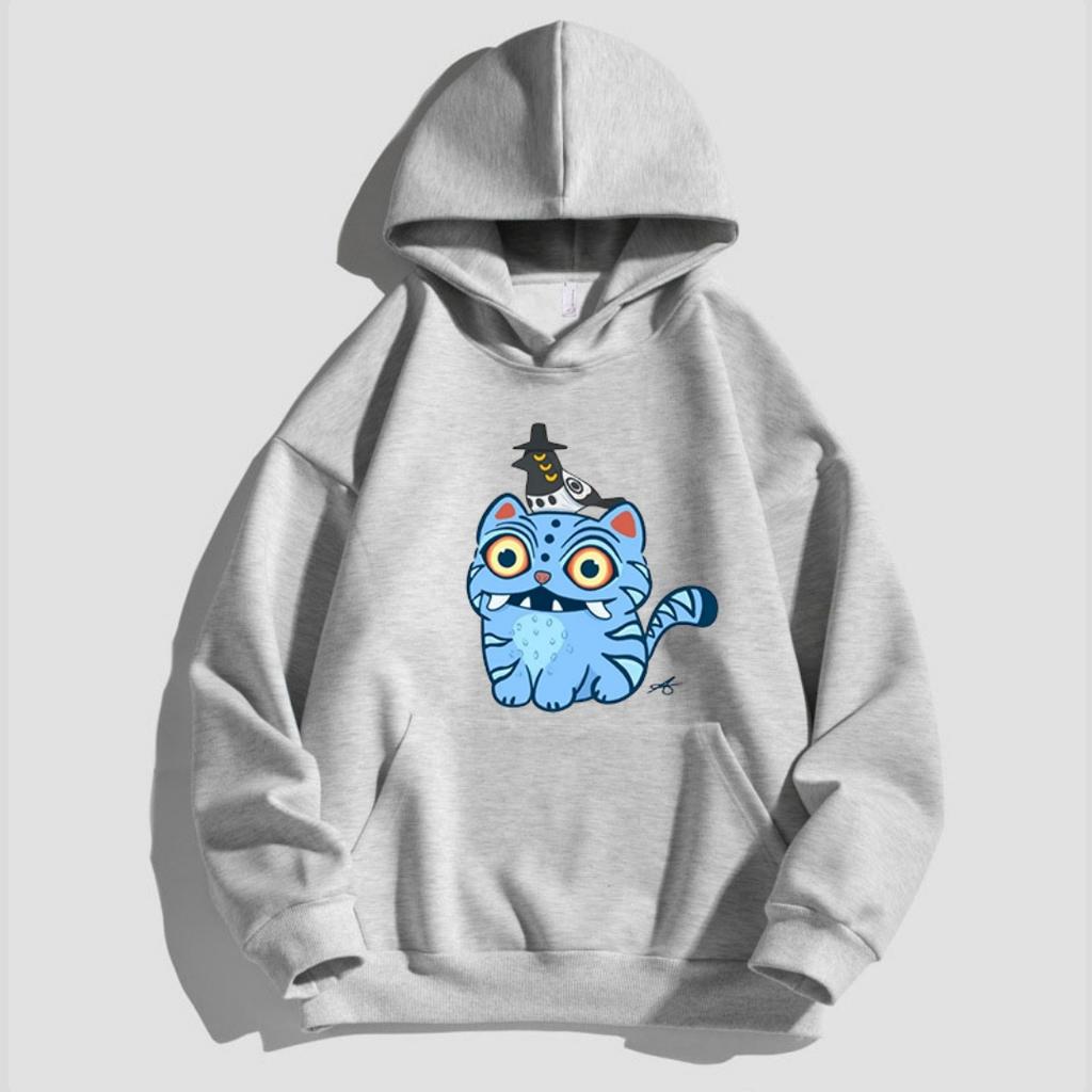 Children's Kpop Style Hooded Sweatshirt with Cute Tiger and Crow Cartoon Girl Hoodies on Top