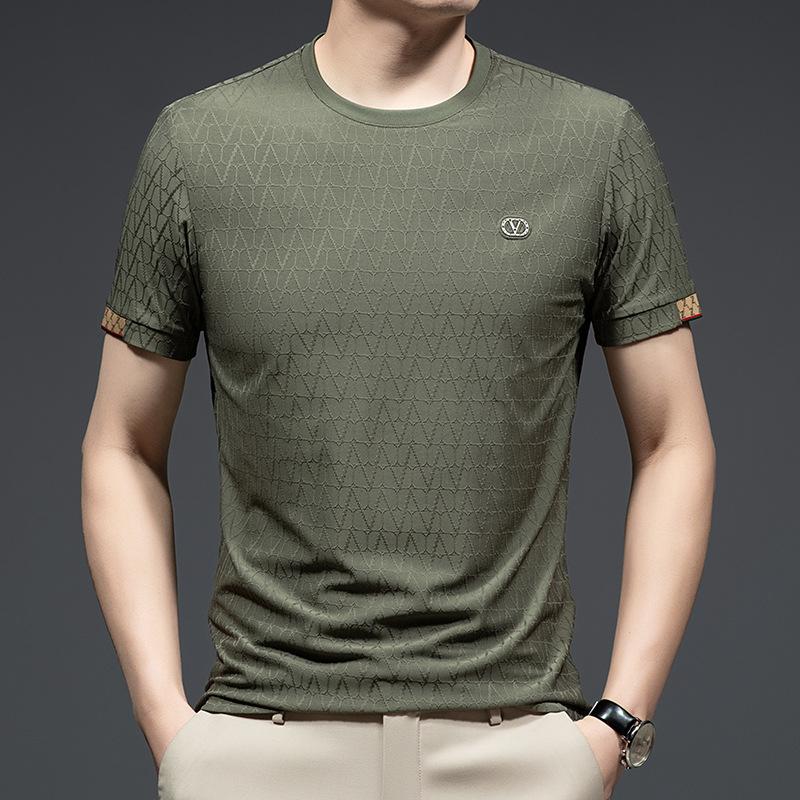 

Летняя новая стильная жаккардовая мужская футболка с короткими рукавами в корейском стиле, модная повседневная тонкая мужская футболка с вогнутым тиснением и круглым вырезом XXXXL зелёный