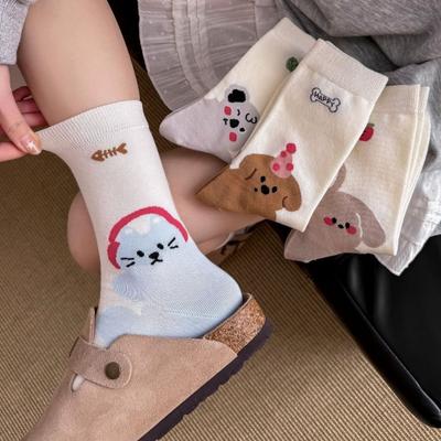 Chaussettes chiot dessin animé pour filles, Illustrations d'animaux mignonnes et polyvalentes pour le printemps et l'été, Chaussettes sans couture pour les étudiantes en été, Chaussettes éponge