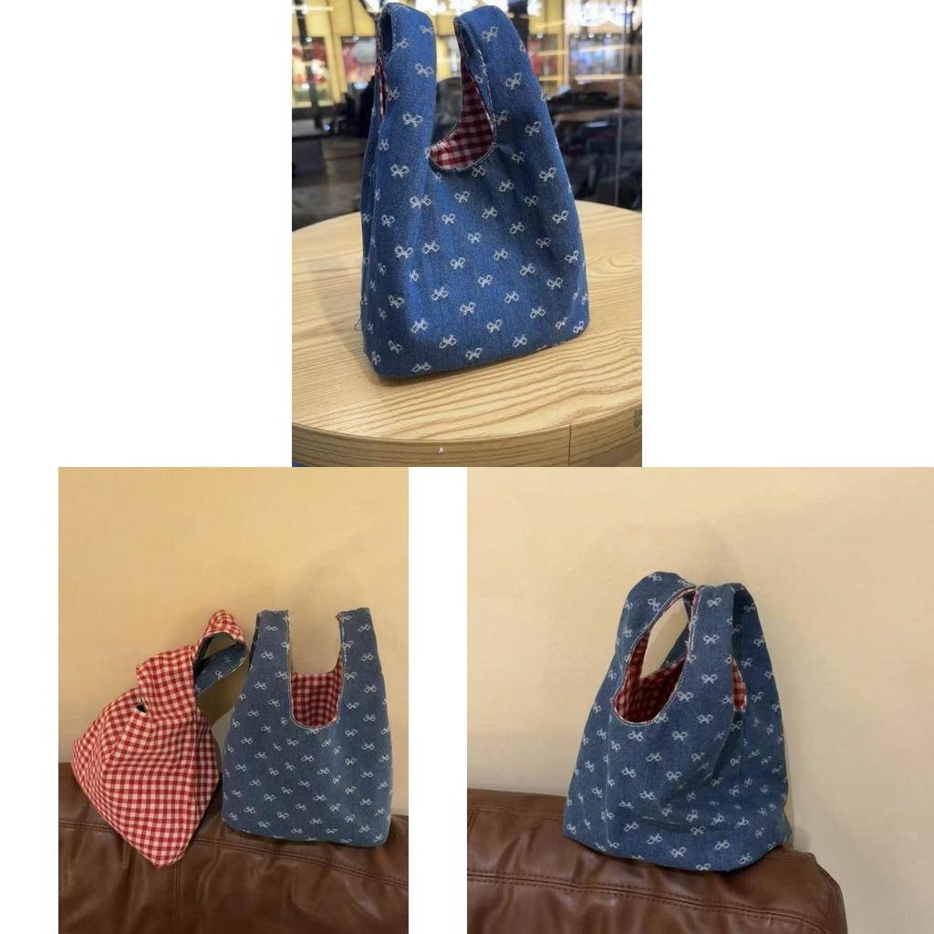 Denim Bow Patterned Crossbody Bag With Contrast Piping For Casual Travel