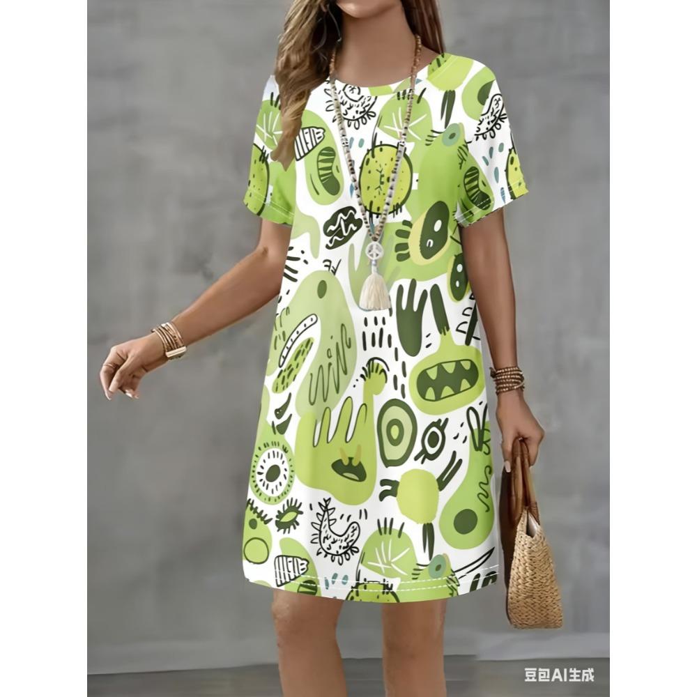 Mini-Kleid mit Rundhalsausschnitt ist für den Sommer und alle Jahreszeiten geeignet.. Es hat einen lockeren Schnitt.