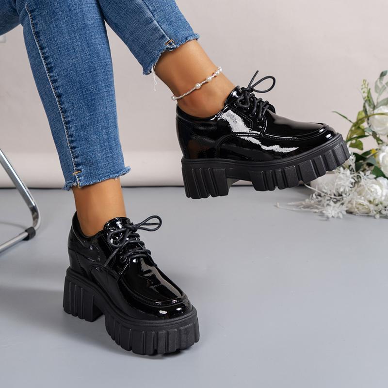 Lucyever Patent Leather Chunky Loafers Shoes for Women  Spring Lace Up Platform Pumps Woman Cozy Thick Bottom Student Shoes