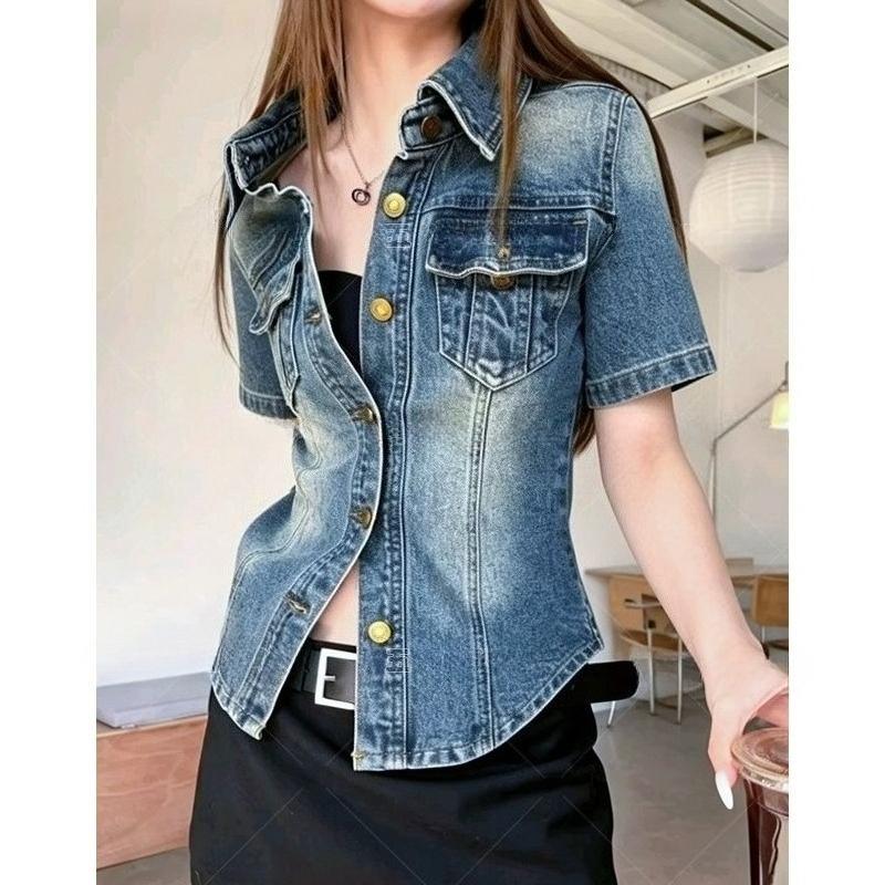 Women Summer Vintage Fashion Waist Slim Denim Short Sleeve Shirt Commuter Versatile Casual Blouse Tops