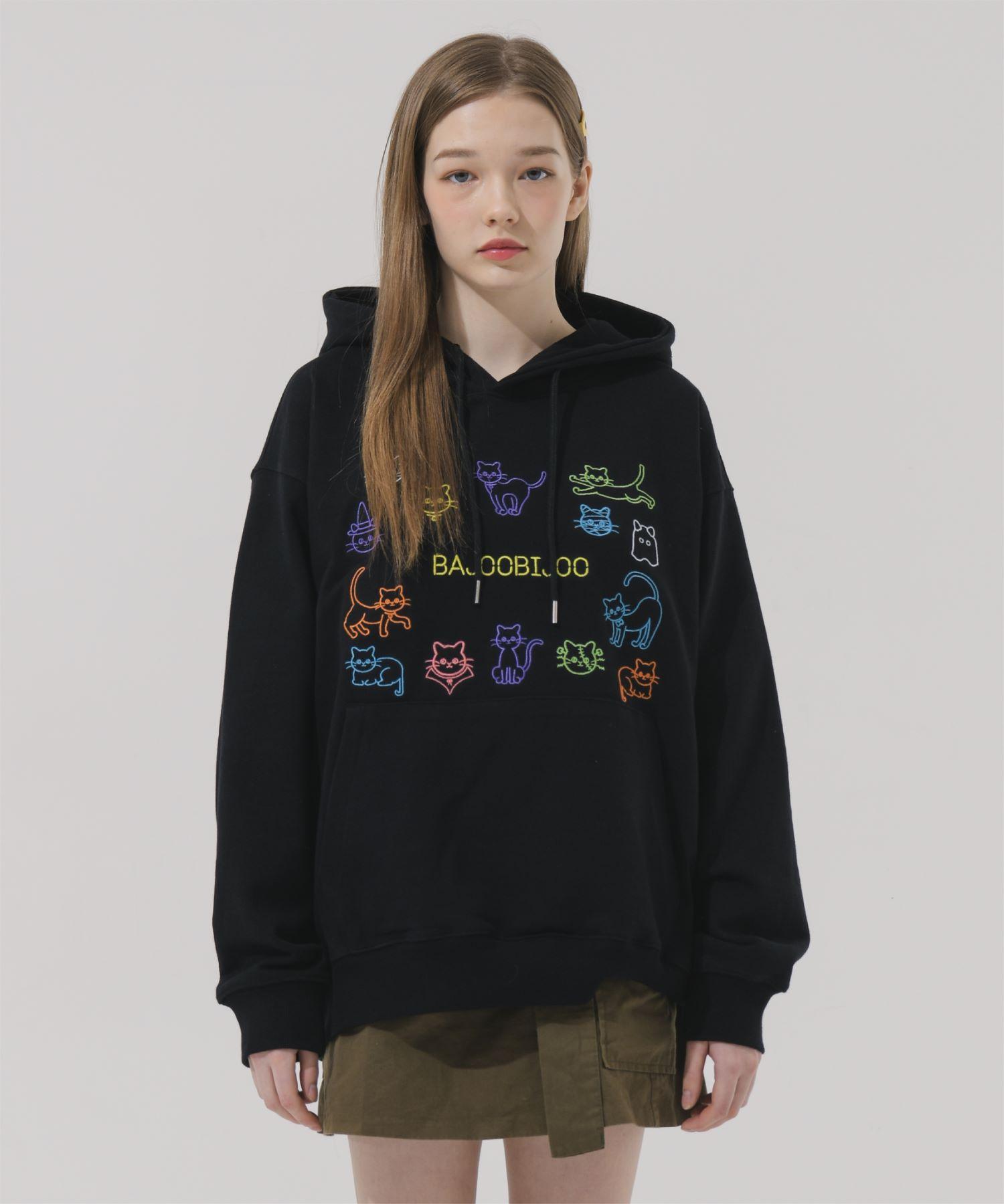 Bajubiju Colorful Cat Embroidery Over-Fit Hoodie [Black] Xl
