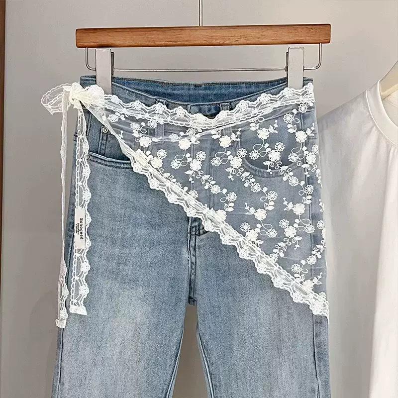 Korean Lace Embroidered Waistband Tulle Skirt with Layered Scarf Accessory