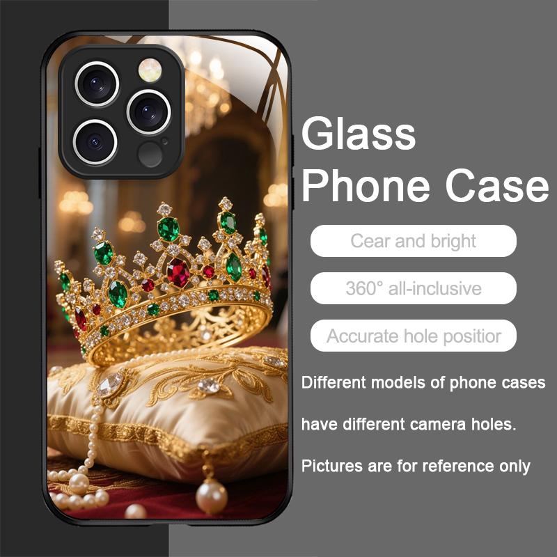 Luxus Kronen Schmuck Blumenmuster Gehärtetes Glas Handyhülle für IPhone 17 16 Pro Max 15 14 13 12 Mini 11 X XS 7 8 14Plus Hülle