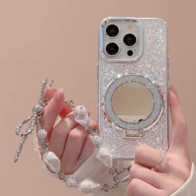 New Glitter Phone Case with Mirror Holder for iPhone 16 15 14 13 12 11 Pro Max Drop Resistant Phone Case with Hanging Chain