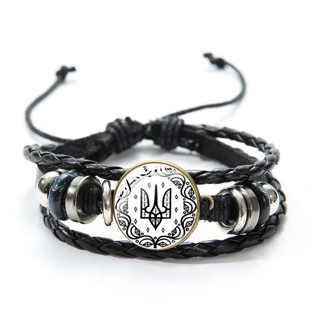 Bracciale con Ciondolo Simbolo Rune Vintage Tryzub Gemme di Vetro Fatto a Mano Multiplo Braccialetti in Pelle PU Braccialetto Gioielli Unisex Regalo