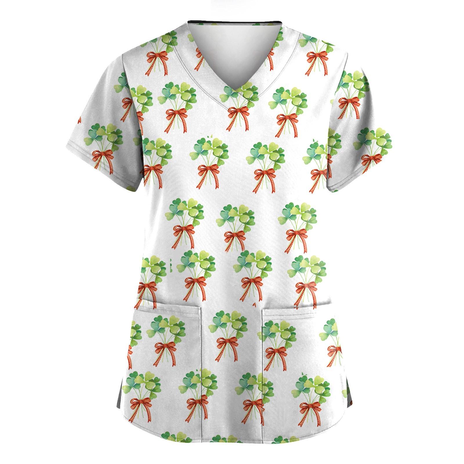 

Женская мода с v-образным вырезом, короткими рукавами и карманами, топы с принтом M