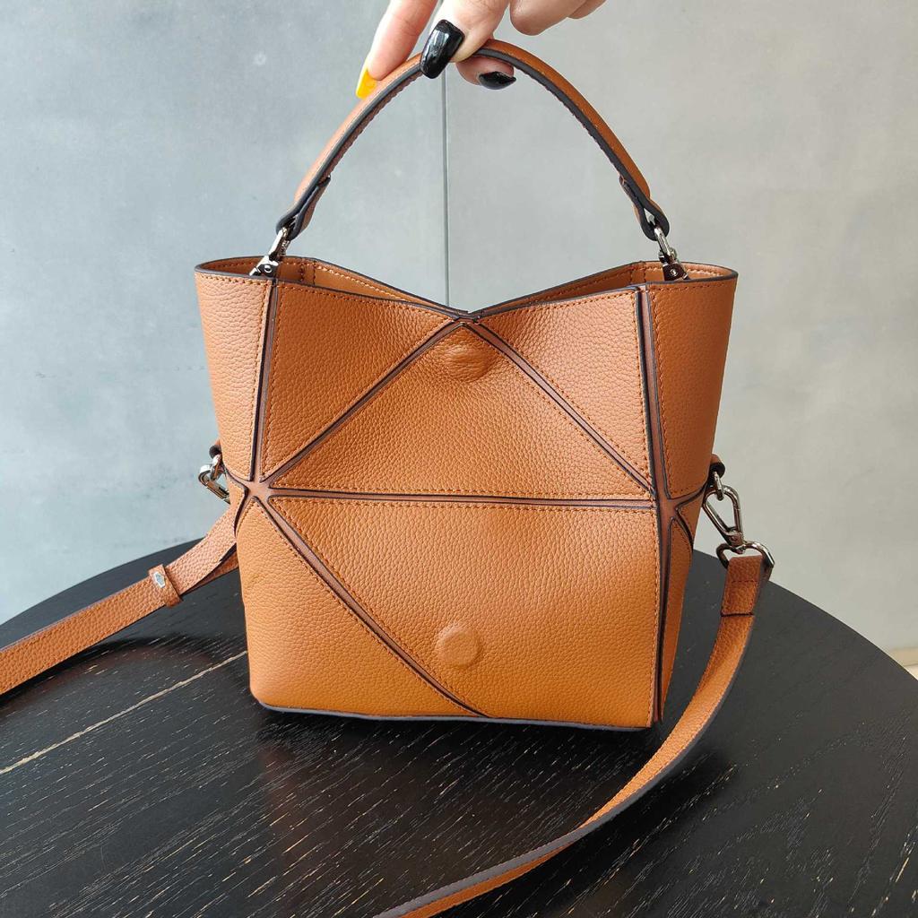 Leather Niche Design Bucket Bag  New Shoulder Messenger Bag Premium Geometric Splicing Commuter Women's Bag