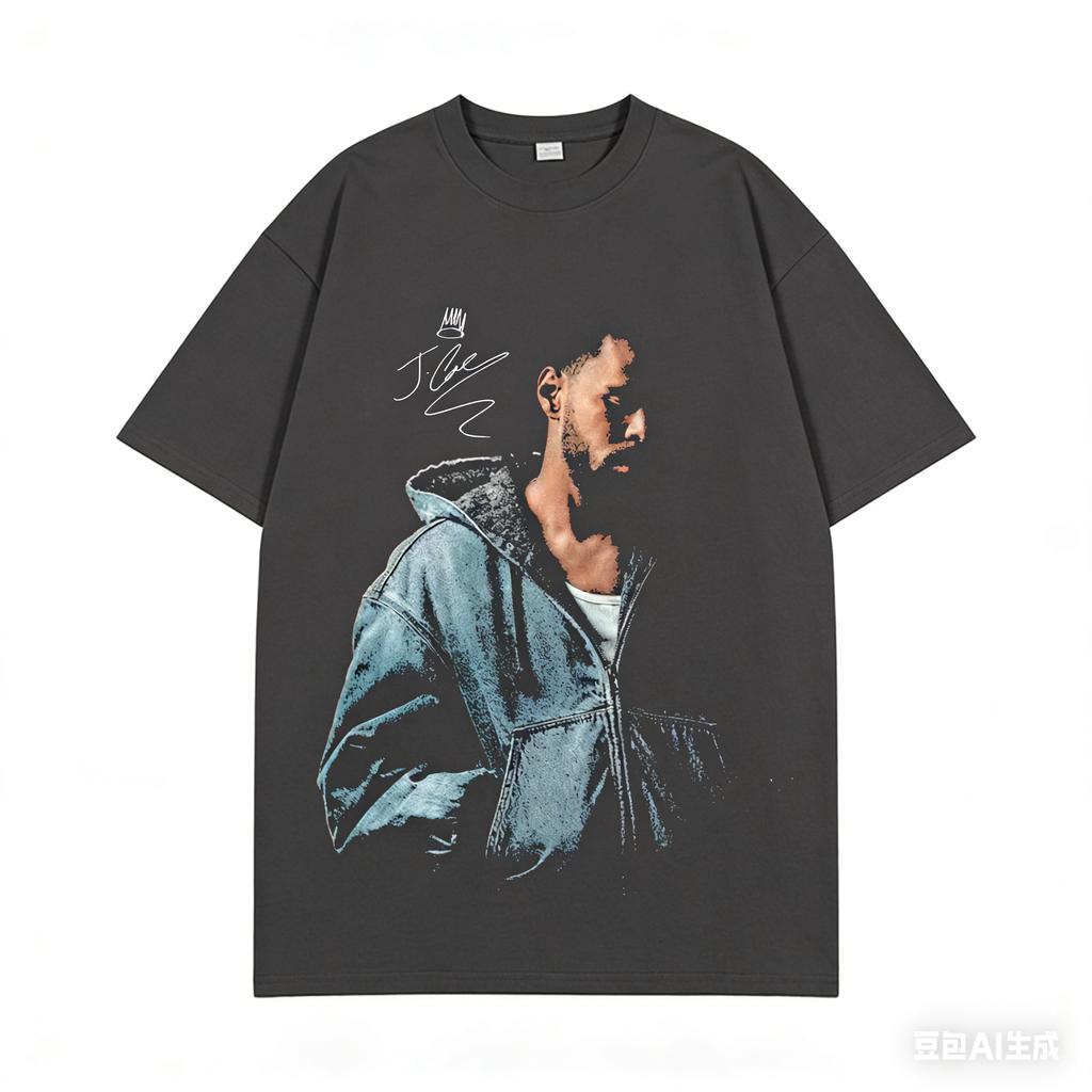 T-shirt z nadrukiem portretu J Cole'a Unisex i damski Czysta bawełna Letni Y2K Casualowy i modny T-shirt z okrągłym dekoltem Prezent dla fana