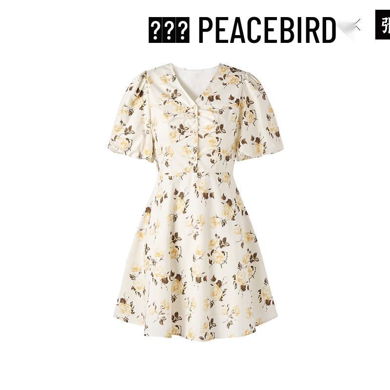 

PEACEBIRD Women s V-Neck Floral Mini Dress with Puff Sleeves L