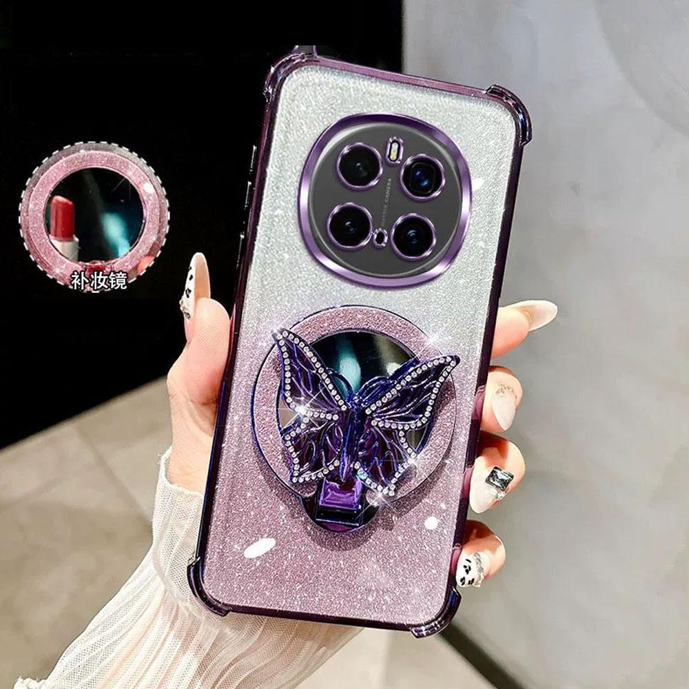 Glitter Mirror Butterfly Bracket Magnetic Holder Case for Oneplus 13 One Plus 13 12 12R 13R Oneplus13 R Shockproof Clear Cover