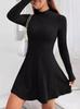 2025 Autumn/Winter Women's Slimming Ribbed Dress with Half-high Collar and Waist-cinching A-line Skirt, Long-sleeved European and American Style.