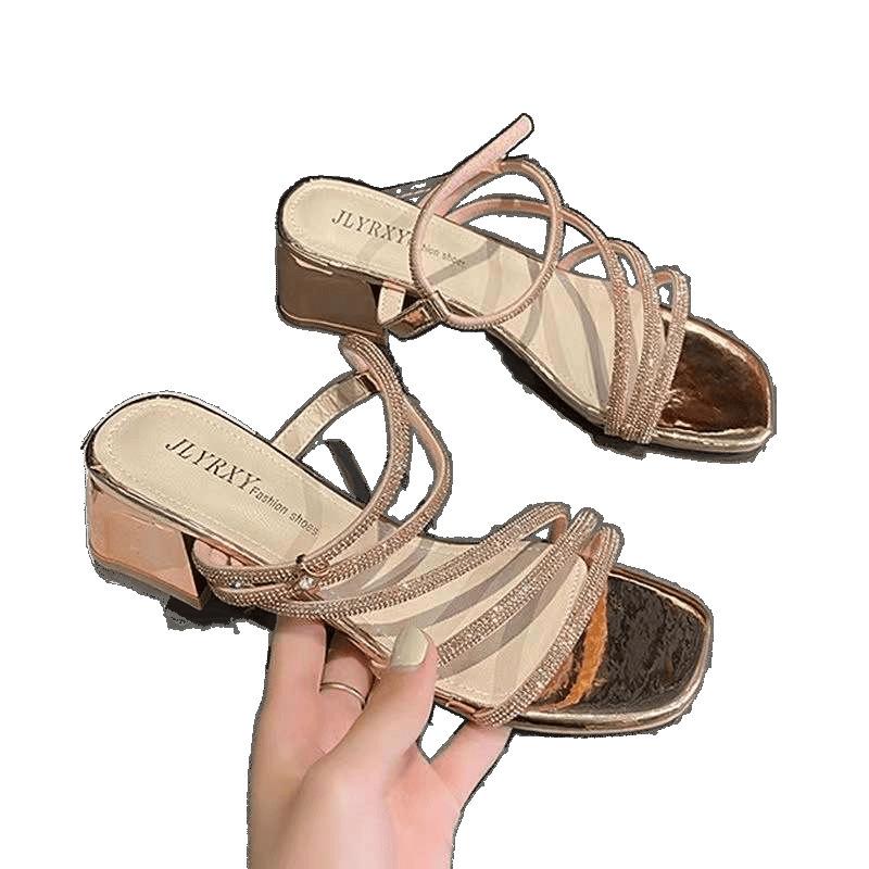 Rhinestone sandals women's thick heel 2025 new summer versatile square head fairy style with skirt high women's sandals