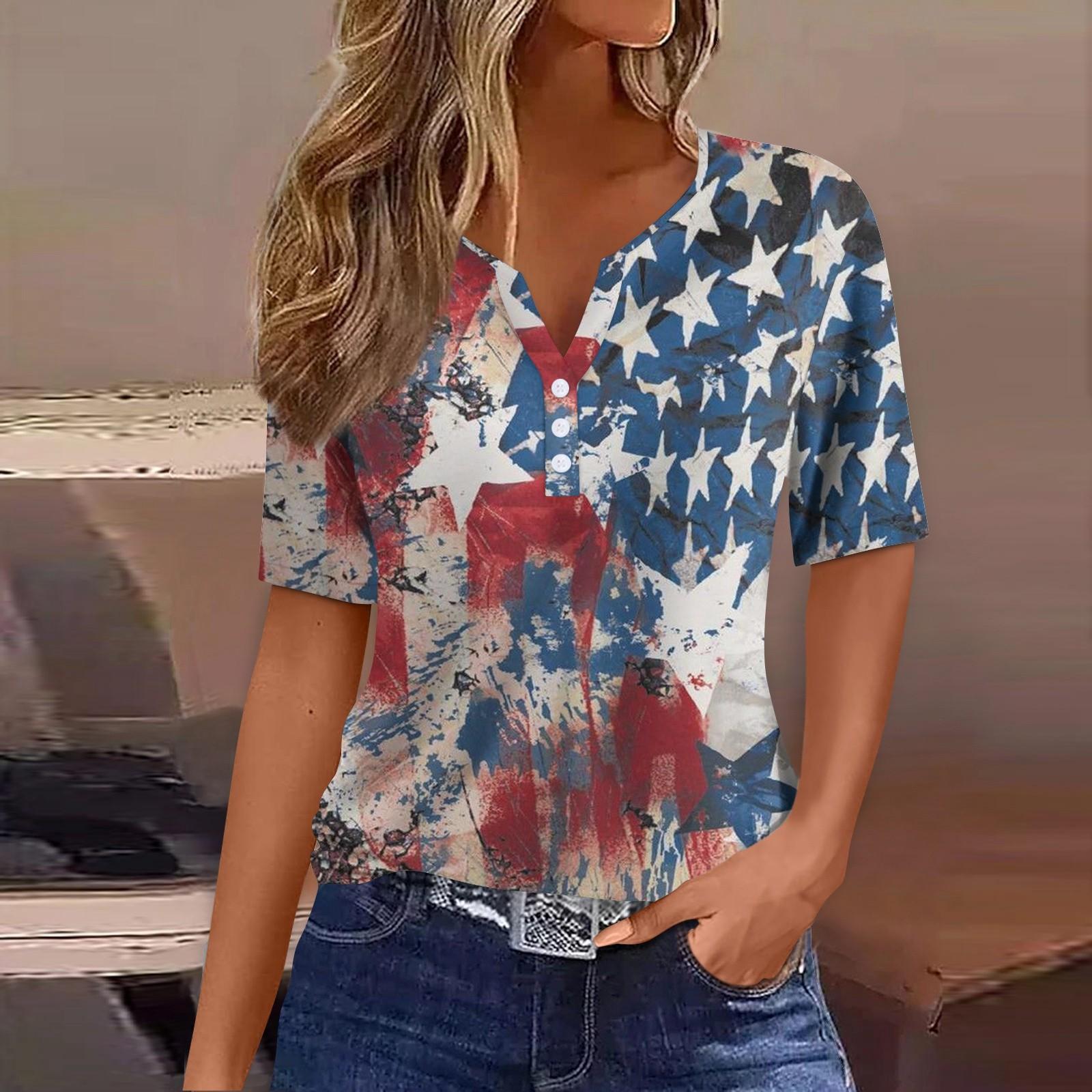 

Жен. Футболка Футболка С принтом Пуговицы С короткими рукавами Повседневные Выходные Мода Классический V-образный вырез Обычный Верх M винный