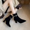 Korean version pointed thick heel belt decorative elastic thin boots large size autumn new black high heel suede short boots