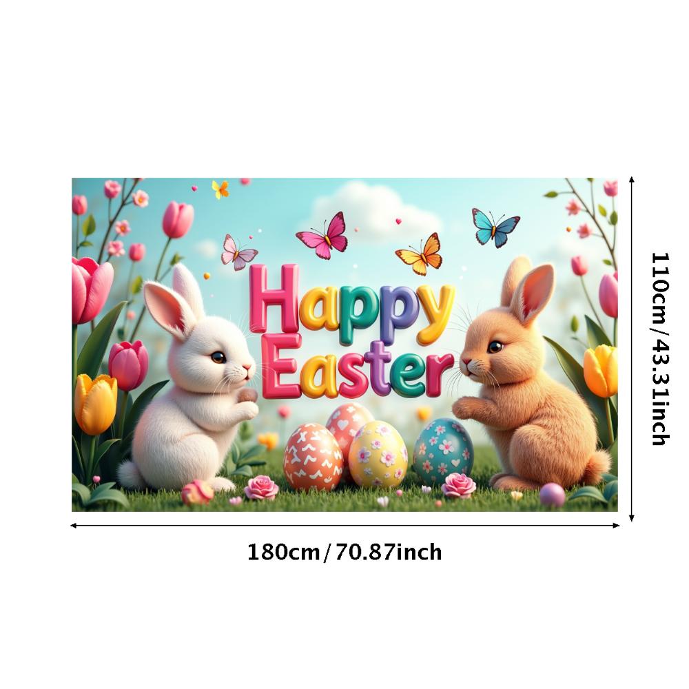 Happy Easter Banner Bunny Ears With Colorful Eggs Butterflies Backdrop Decorations Spring Celebration Background Party Supplies