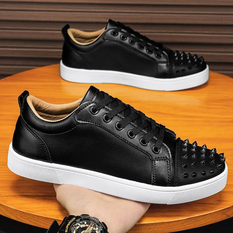 Pantofi sport casual din piele pentru bărbați în stil britanic, de lux, cu șireturi și țepi, vulcanizați, cu talpă plată, designeri, modă nouă, pantofi de exterior pentru mers