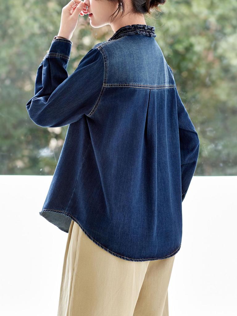 Women's Long Sleeve Retro Blue Denim Shirt Jacket with Ruffled Collar - 2026 Spring Arrival