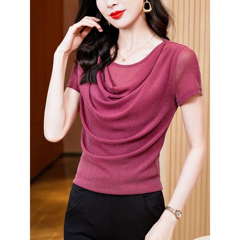 Size Women's Clothing Chubby Girl Summer New Arrival Pure Color Silm Swing Collar Mesh Slimming Short Sleeve T-shirt Easiest for Match 8 Color Women