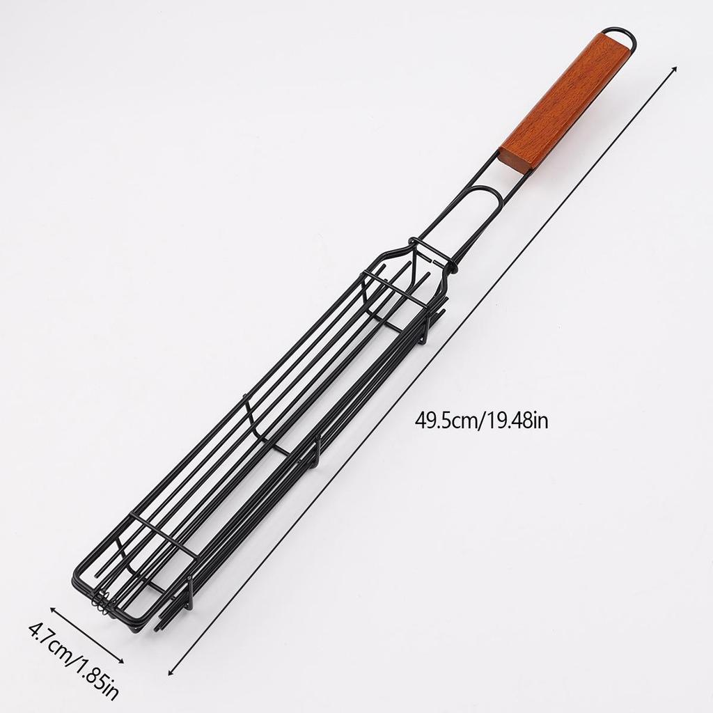 Spot Removable Non-Stick BBQ Grill Rack with Wooden Handle for Sausage, Fish, and Corn