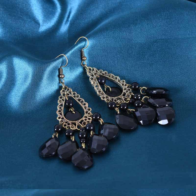 Bohemian Retro Tassel Earrings with Hollow Gem Water Drop Design