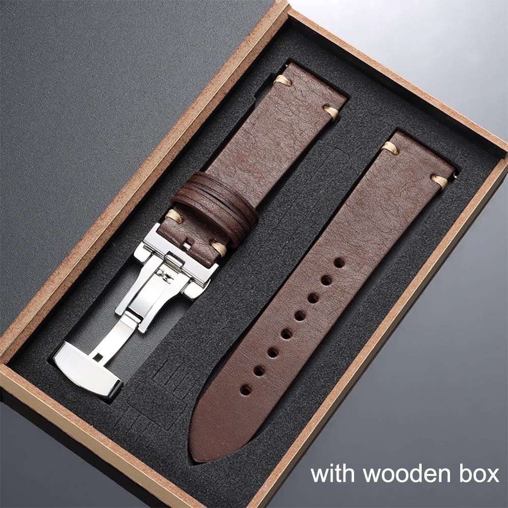 20mm 22mm Handmade Stitching Cowhide Strap with Box 18/19/21mm Matte Leather Watch Band Butterfly Buckle Soft Business Wristband