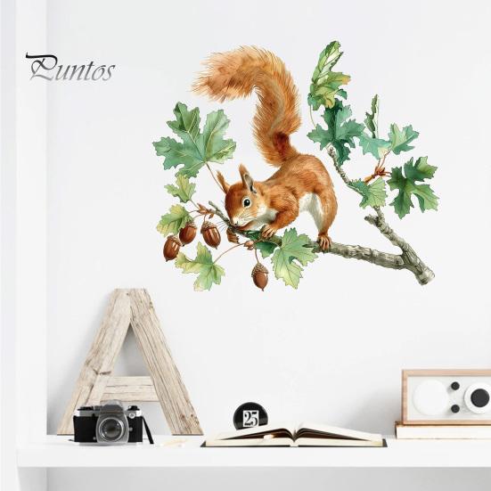 Natur-Thema Wohnkultur Aquarell Eichhörnchen Wandaufkleber, Niedlicher Ast Wandaufkleber, Weiche Illustrationsaufkleber Waldtier Wandbild Kunst für Wohnzimmer