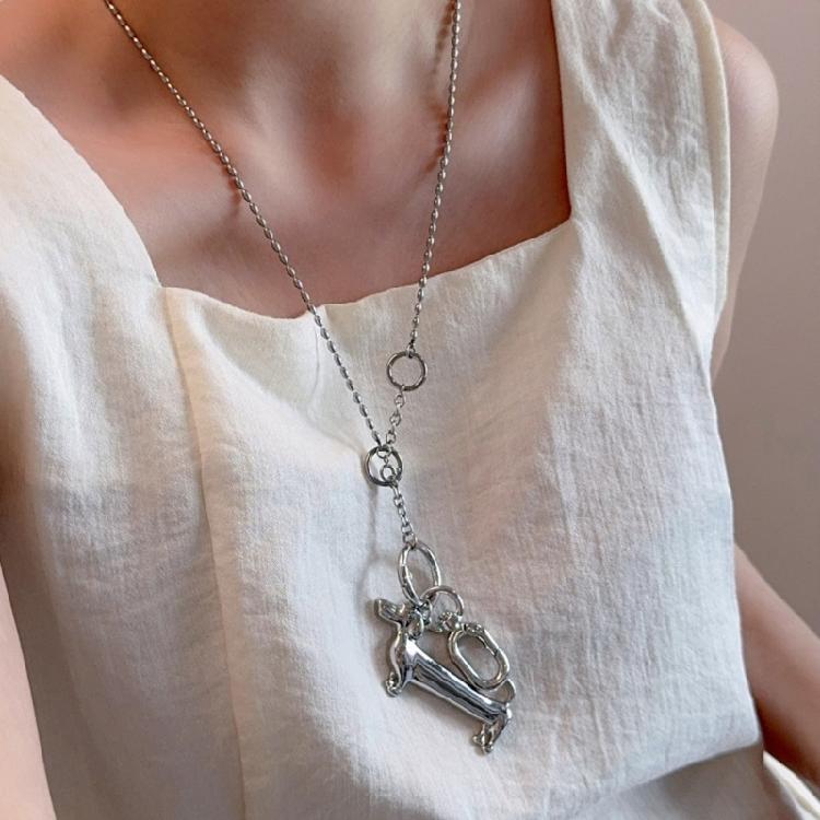 Cartoon Dog Pendant Necklace With Long Beaded Chain Versatile Fashion Statement Clavicle Jewelry Accessory