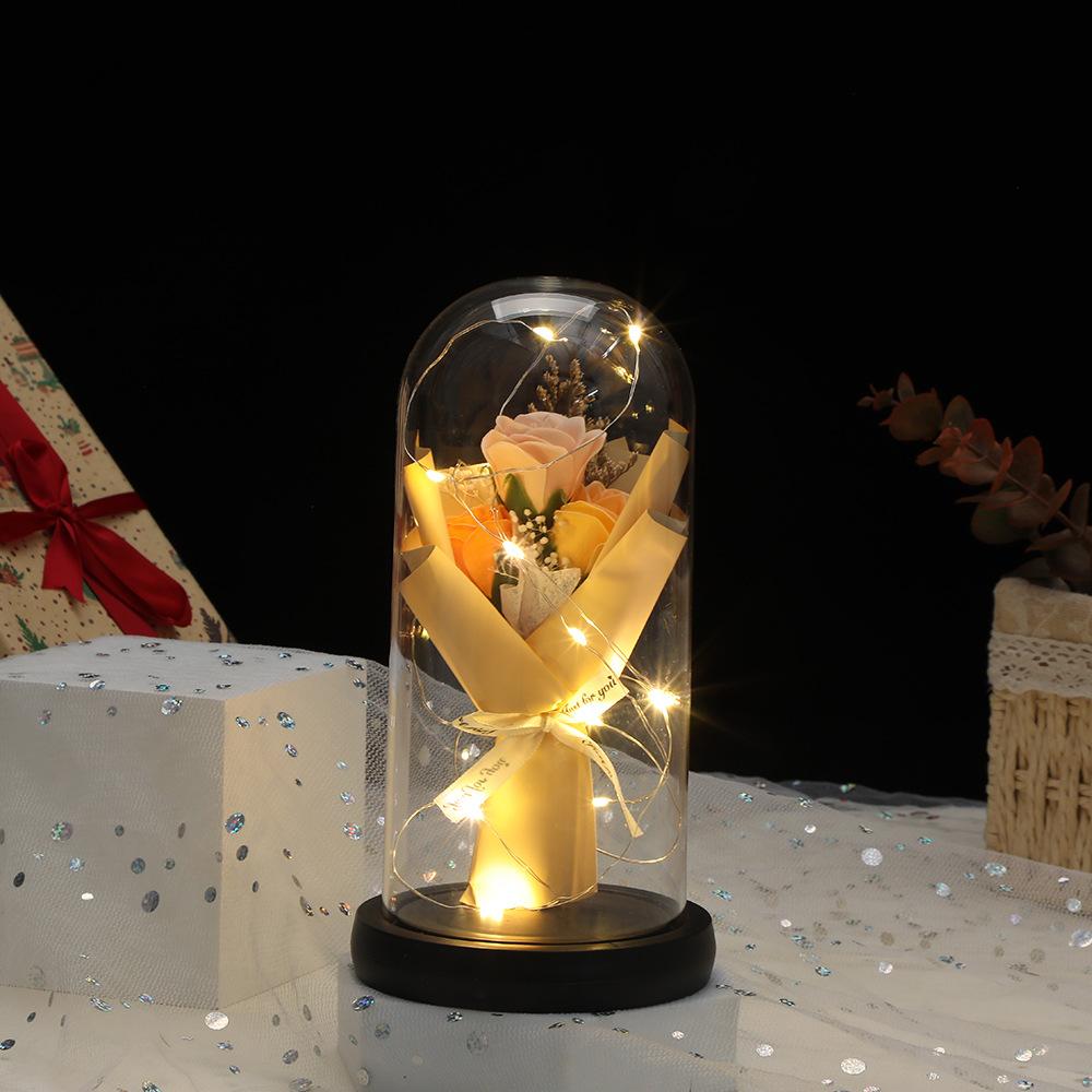 New Glass Cover Rose Eternal Flower, Mother's Day Gift Luminous Soap Bouquet Ornament, Exquisite Simulated Flower