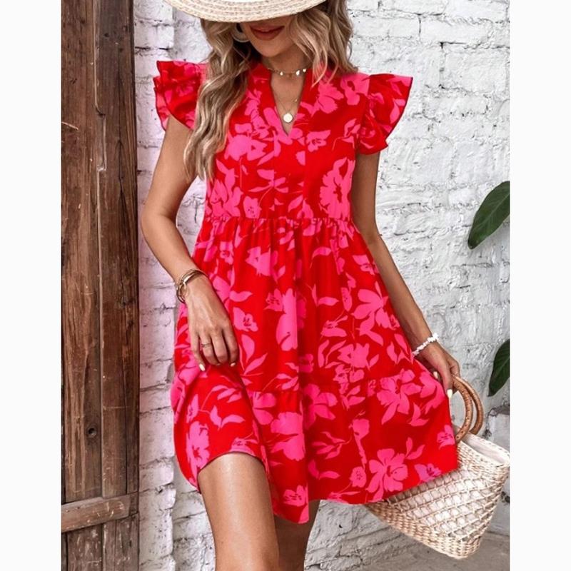 Spring Summer Ruffled Sleeve V-Neck Sexy Dress Women Loose Waist Printed Floral Short Dress Woman Fashion Vintage Elegant Casual Dresses 24515