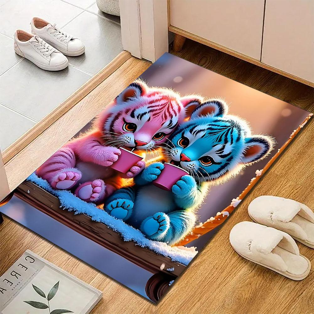 Colorful Tiger Cubs Sipping Tea Patterned carpet, suitable as a non slip play mat for the living room and bedroom sofa