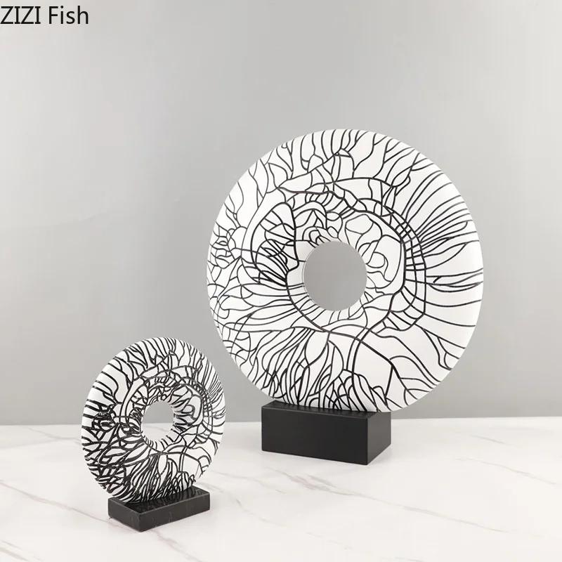 Abstract Black Lines Circular Ring Ornaments Desk Decoration Modern Crafts Creative Resin Ring Statue Room Aesthetic Decor