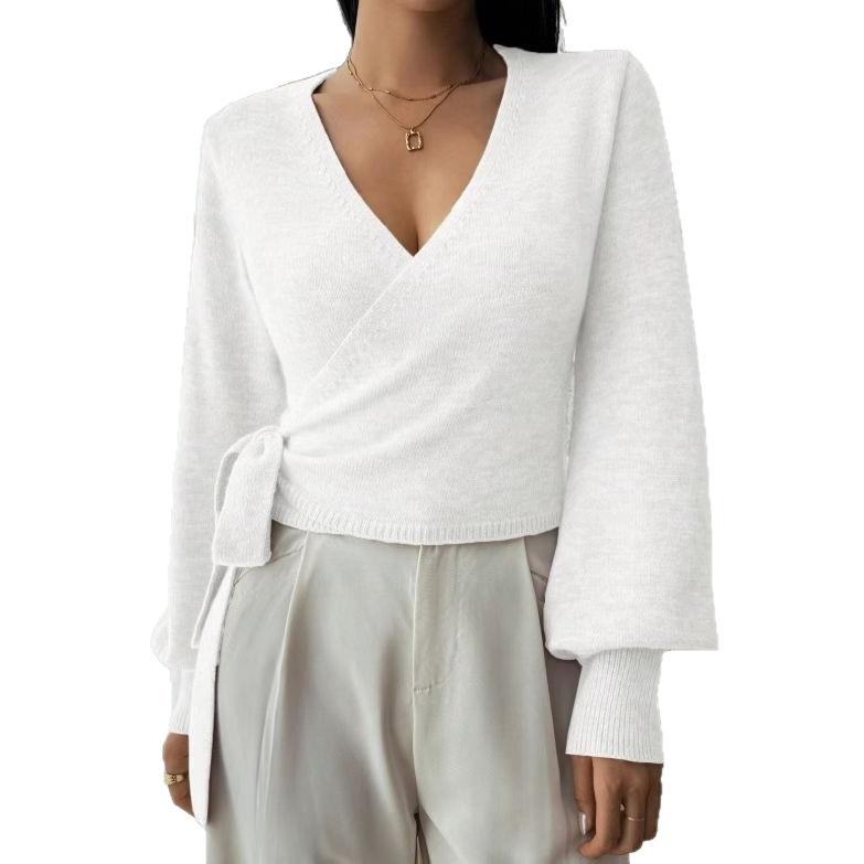 Women's V Neck Cross Front Belted Long Sleeve Knit Sweater Casual Pullover