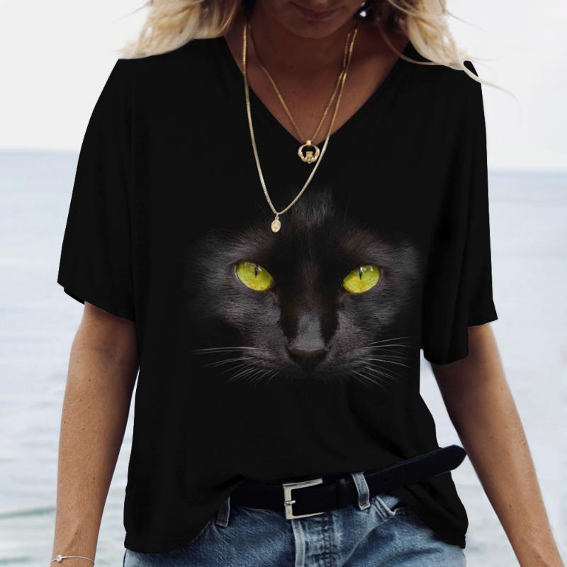 Cartoon Cat Women's T-shirts V-Neck Cute Cat Print Short Sleeve Summer Kawaii Fashion Casual Tee Shirts Funny Femininity Clothes